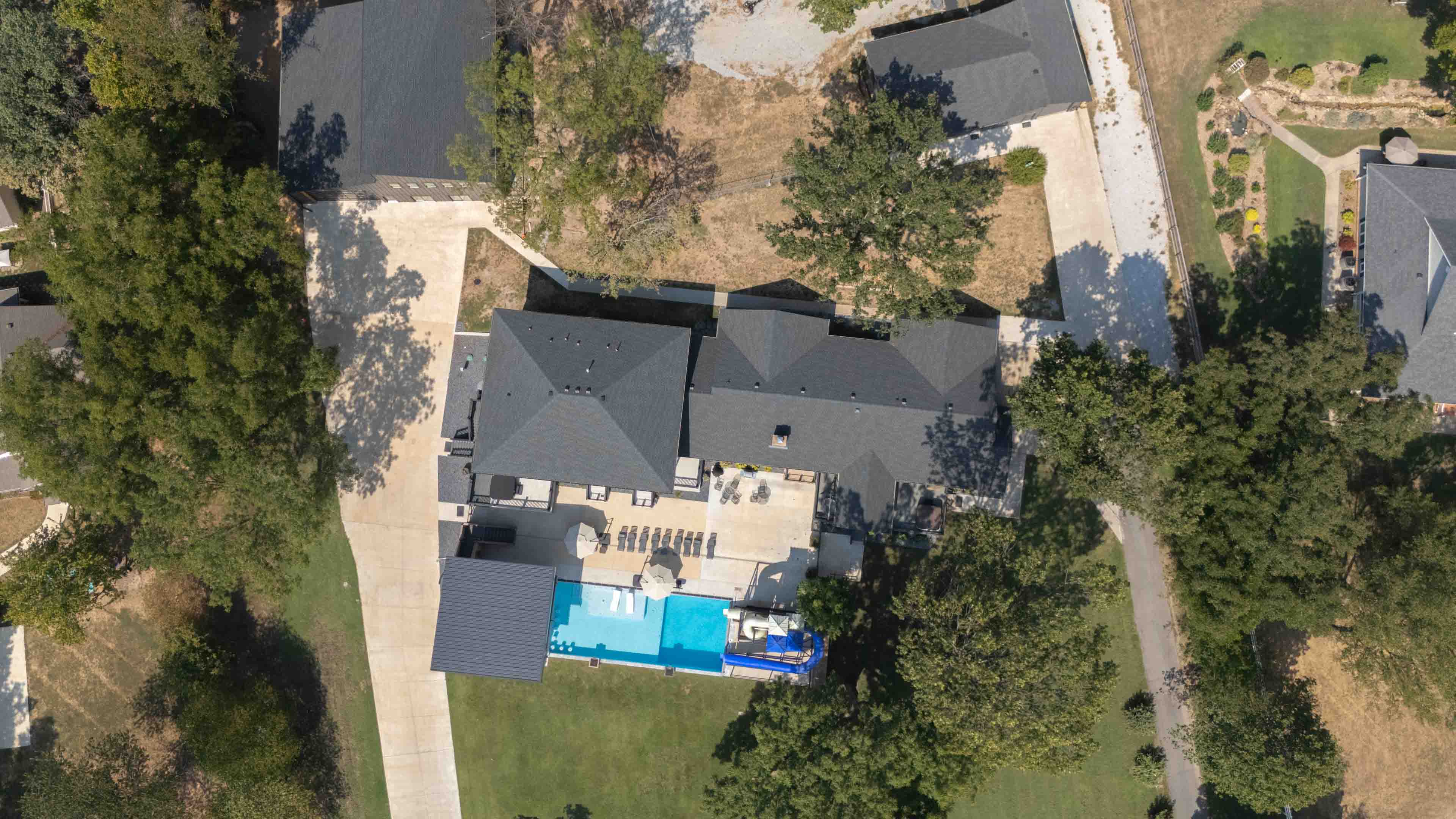 Aerial view of the estate and pool